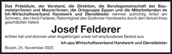 Traueranzeige von Josef „Sepp“  Felderer von Dolomiten