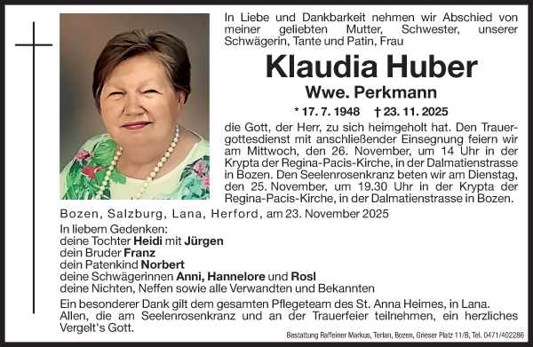 Traueranzeige von Klaudia Perkmann von Dolomiten