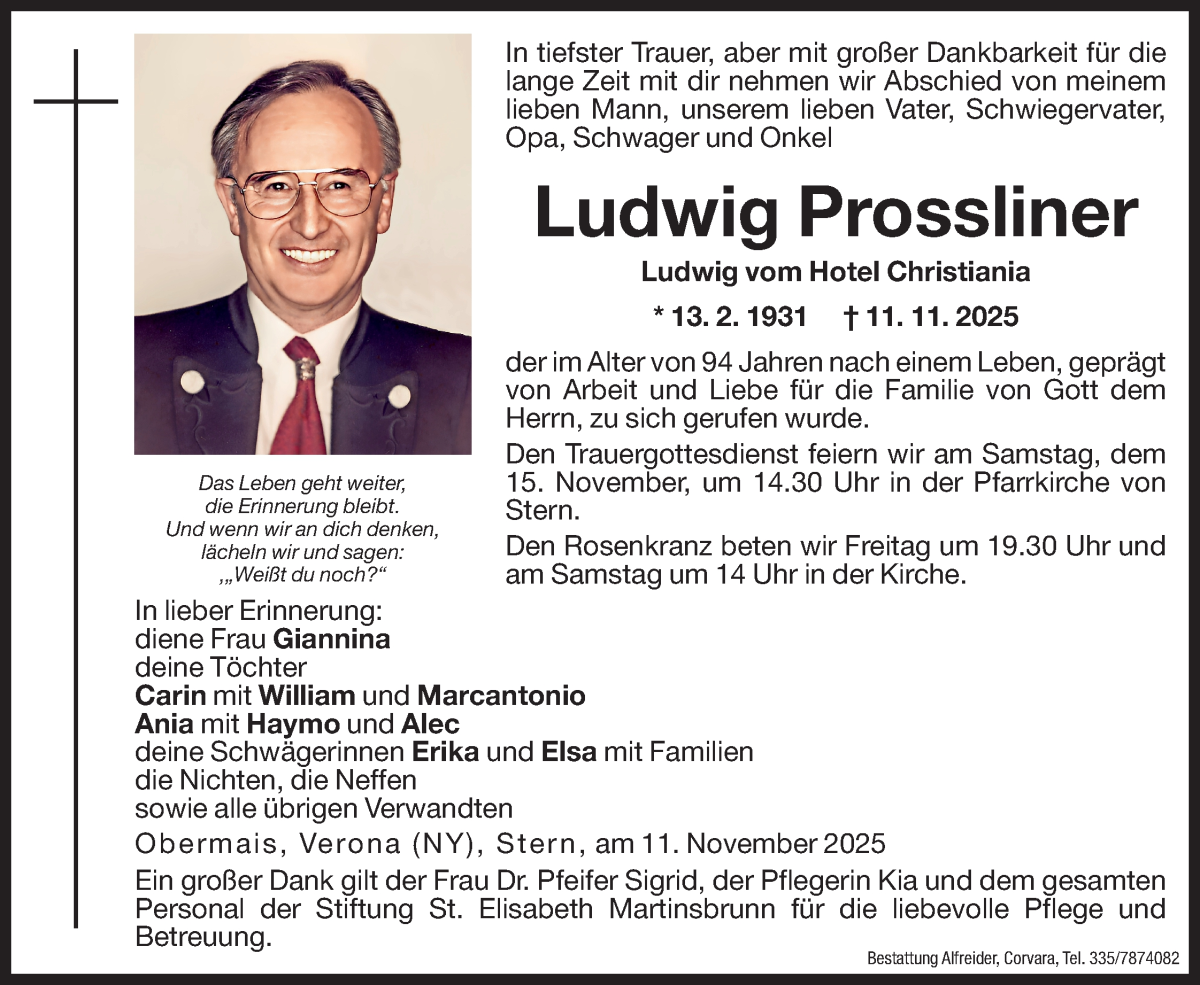  Traueranzeige für Ludwig Prossliner vom 13.11.2025 aus Dolomiten