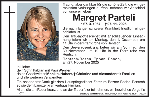 Traueranzeige von Margret Parteli von Dolomiten