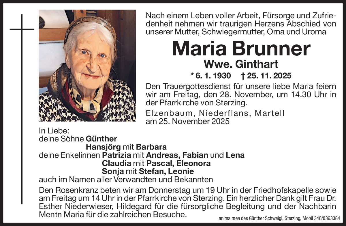 Traueranzeige für Maria Ginthart vom 27.11.2025 aus Dolomiten