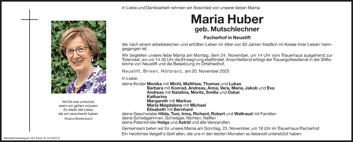  Traueranzeige für Maria Huber vom 22.11.2025 aus Dolomiten
