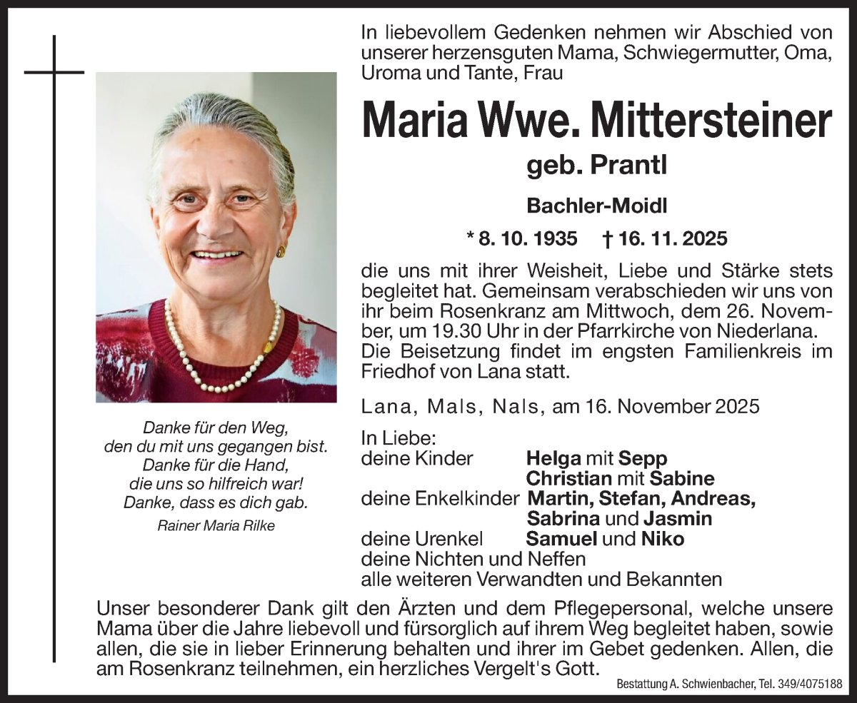  Traueranzeige für Maria Mittersteiner vom 22.11.2025 aus Dolomiten