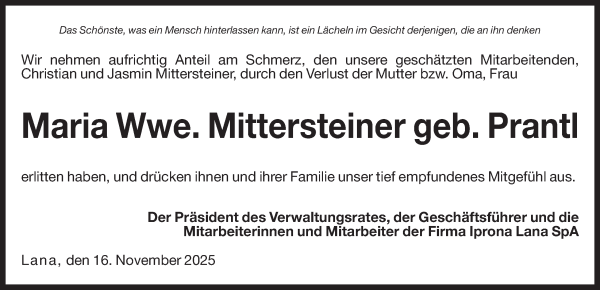 Traueranzeige von Maria Mittersteiner von Dolomiten