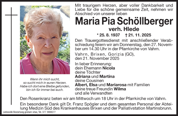 Traueranzeige von Maria Pia Hlede von Dolomiten