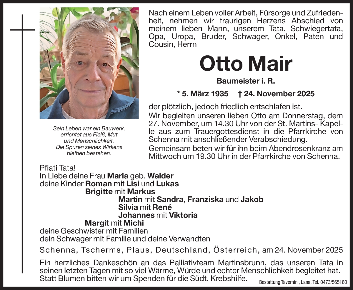  Traueranzeige für Otto Mair vom 25.11.2025 aus Dolomiten