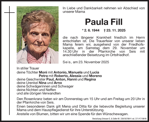 Traueranzeige von Paula Fill von Dolomiten