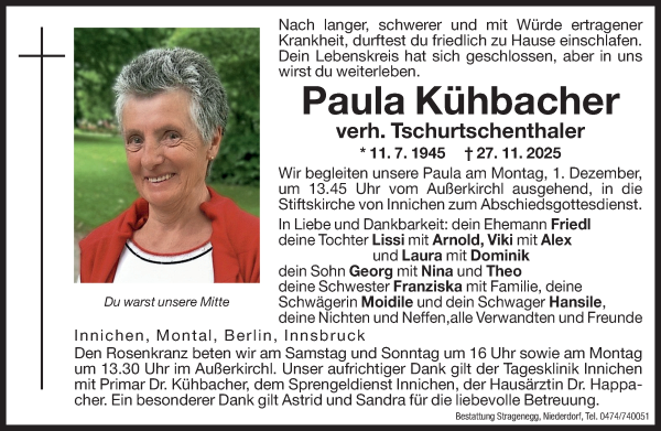 Traueranzeige von Paula Tschurtschenthaler von Dolomiten