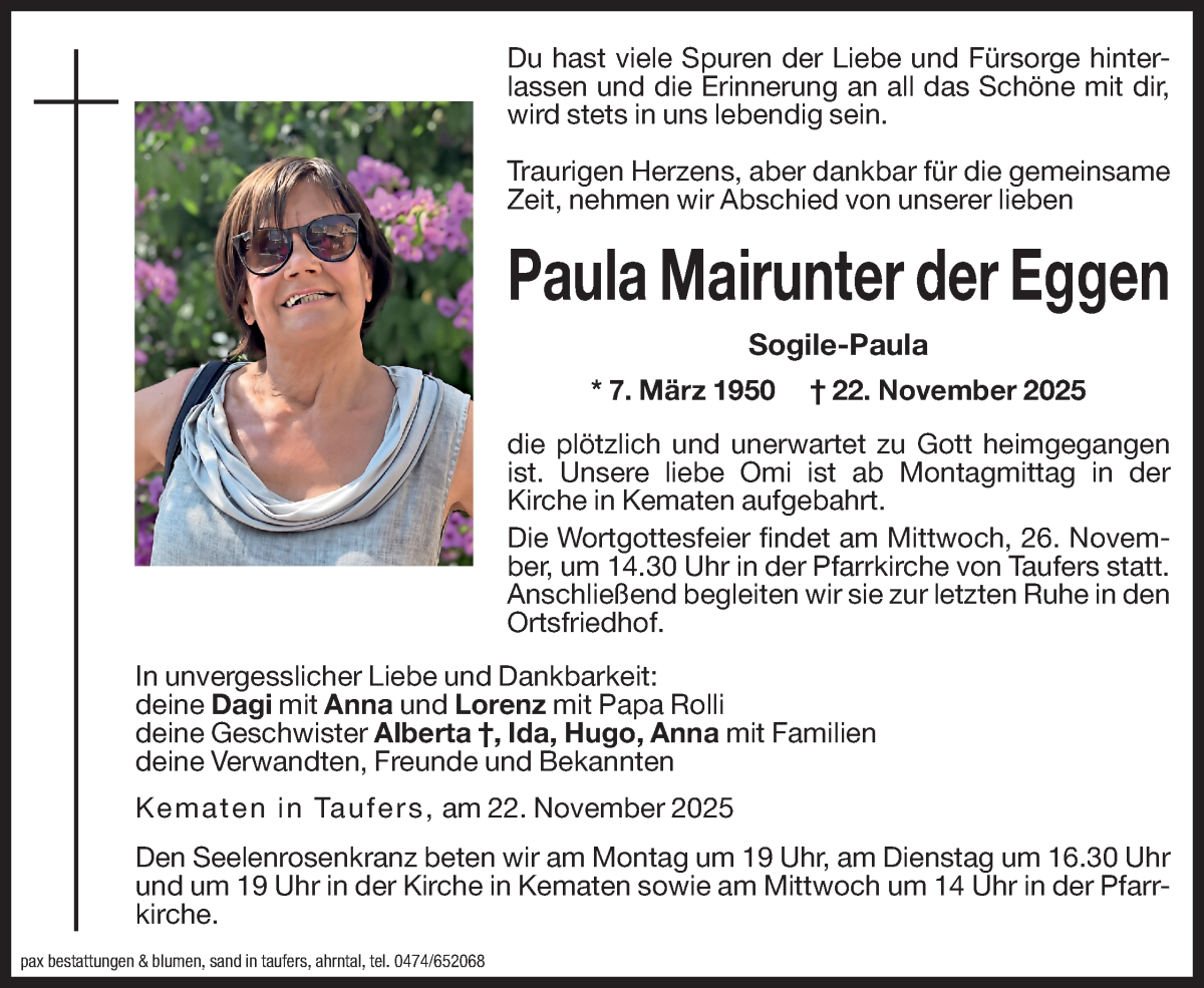  Traueranzeige für Paula Mairunter der Eggen  vom 24.11.2025 aus Dolomiten