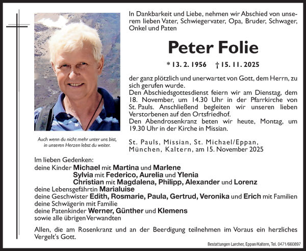 Traueranzeige von Peter Folie von Dolomiten