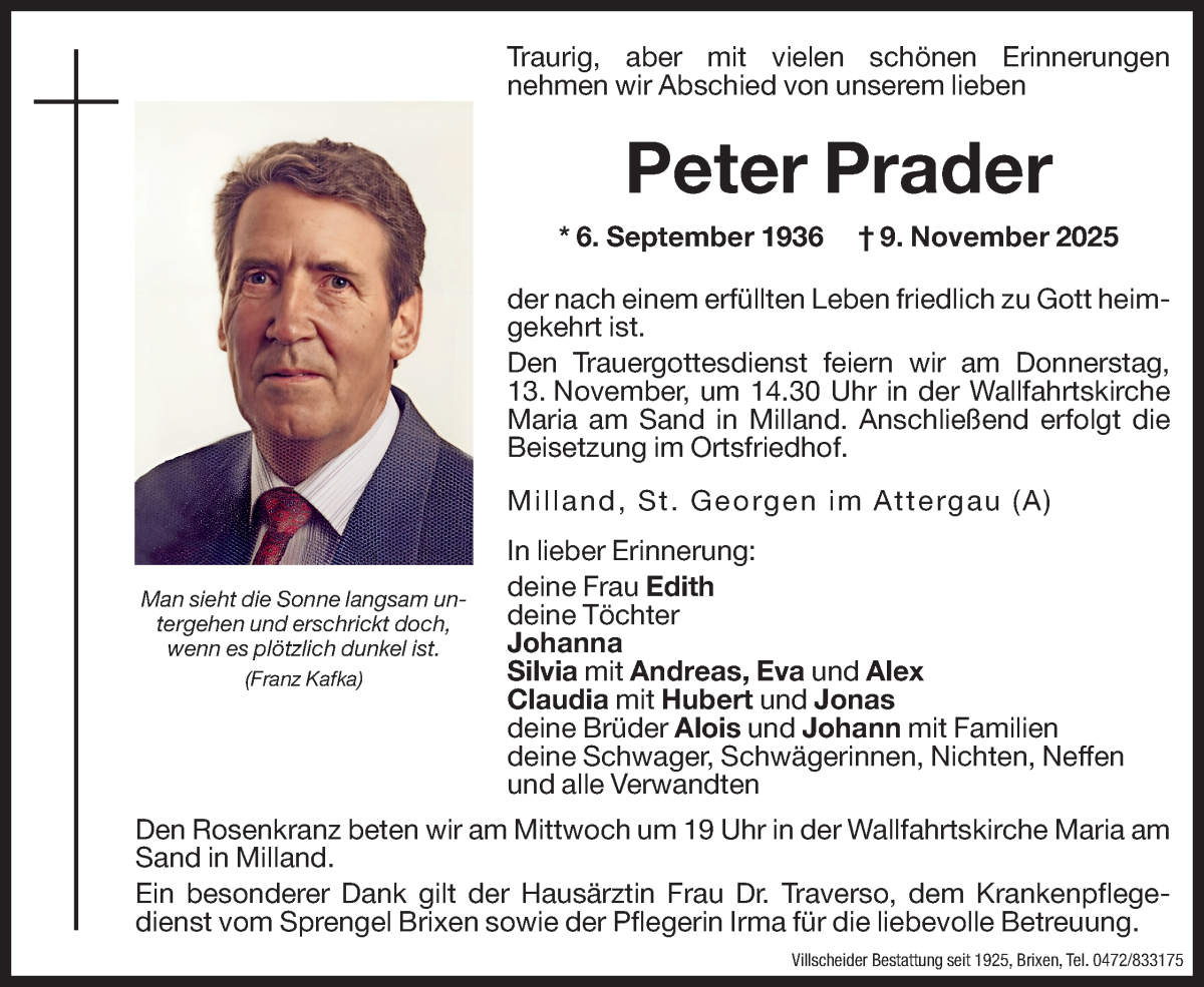  Traueranzeige für Peter Prader vom 11.11.2025 aus Dolomiten