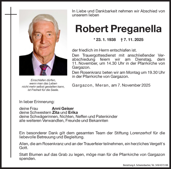 Traueranzeige von Robert Preganella von Dolomiten