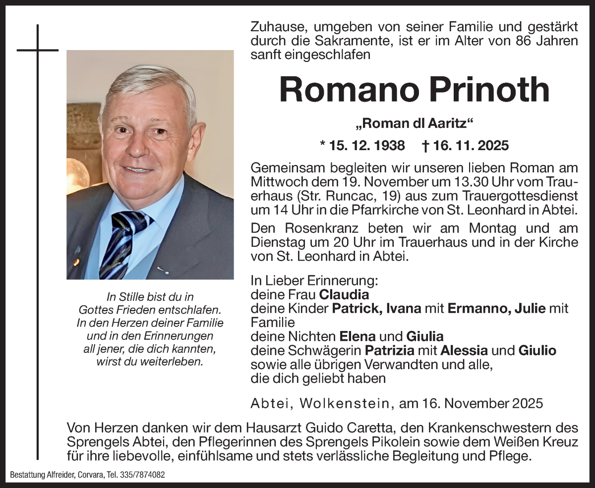  Traueranzeige für Romano Prinoth vom 17.11.2025 aus Dolomiten