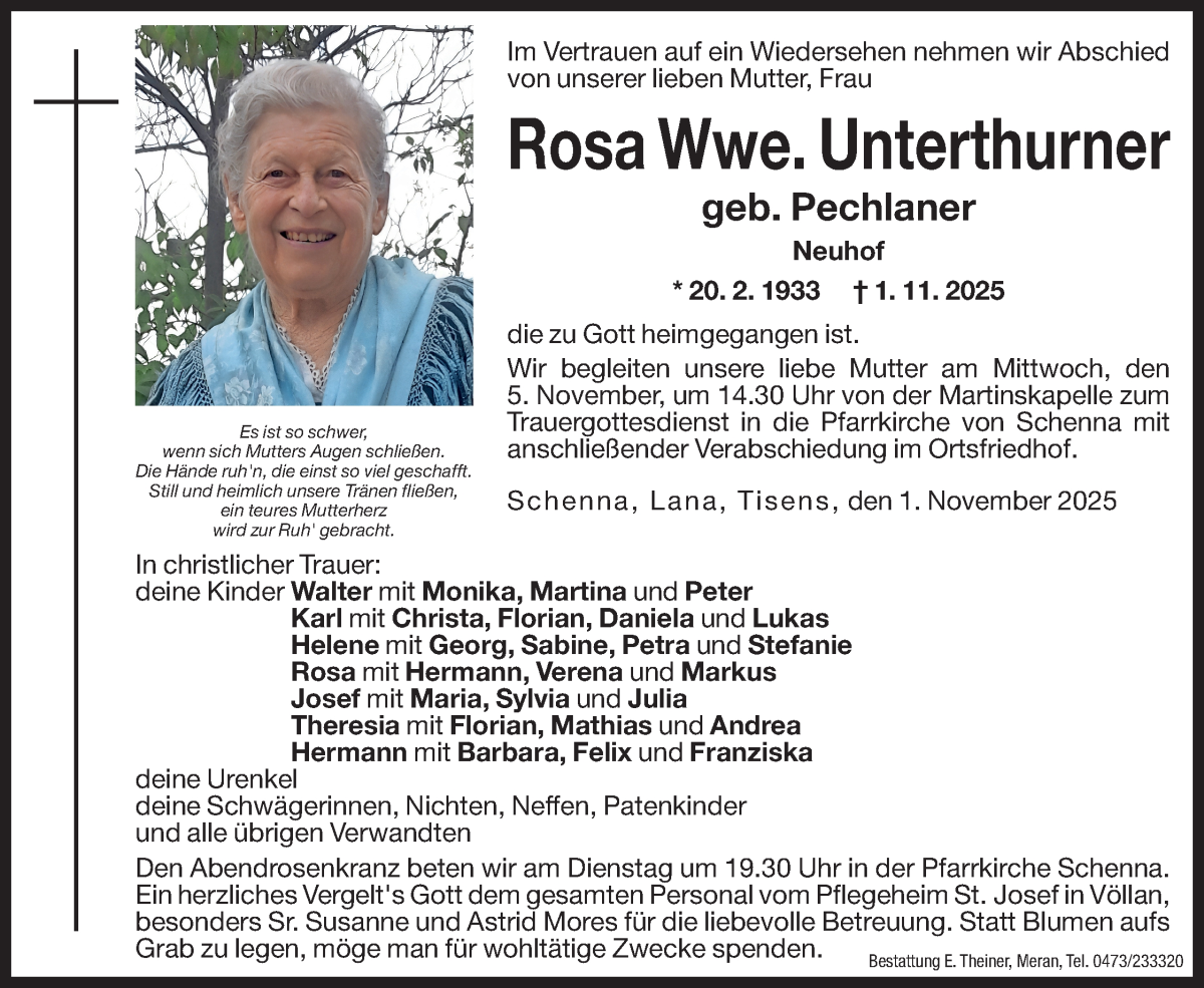  Traueranzeige für Rosa Unterthurner vom 03.11.2025 aus Dolomiten