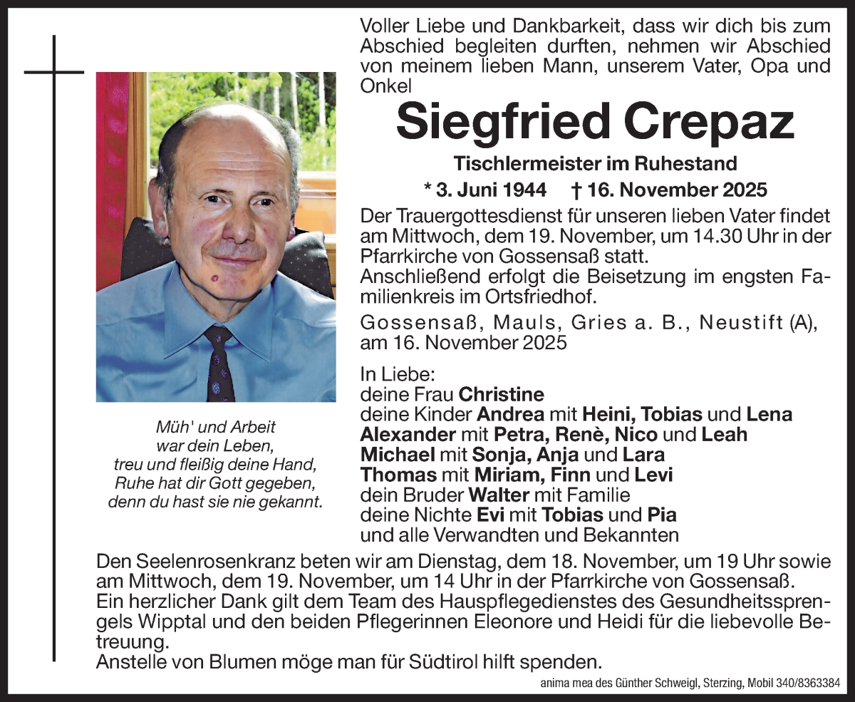  Traueranzeige für Siegfried Crepaz vom 18.11.2025 aus Dolomiten