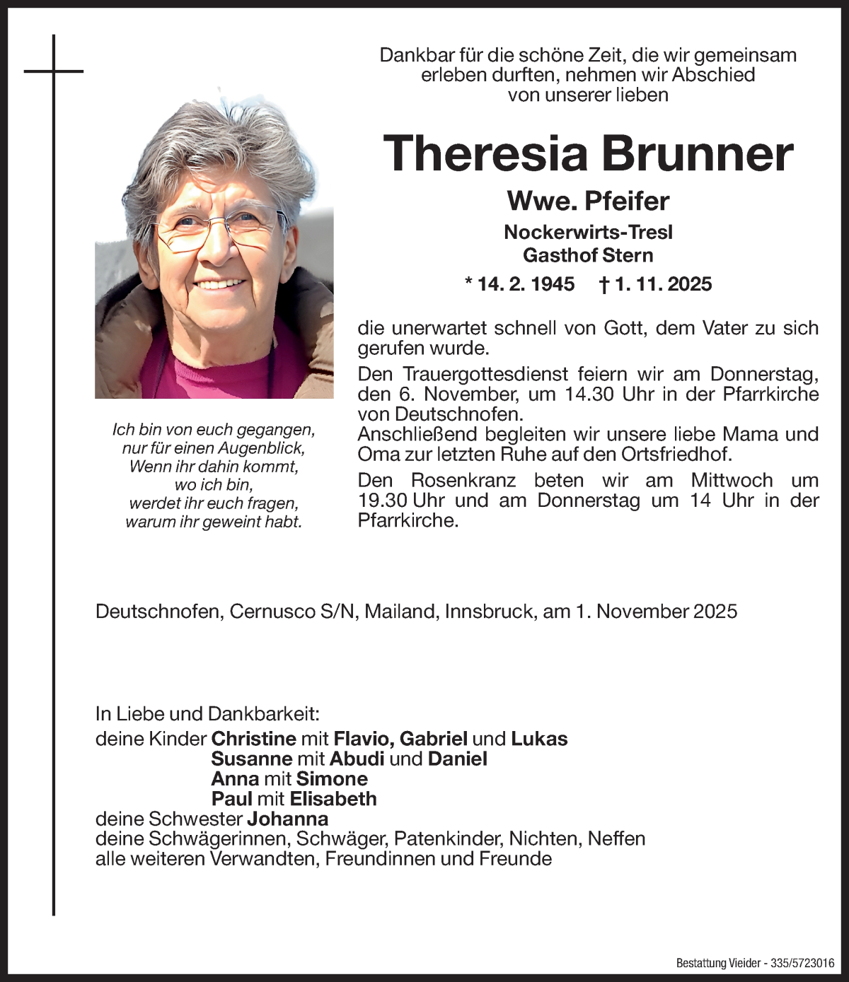  Traueranzeige für Theresia Pfeifer vom 04.11.2025 aus Dolomiten