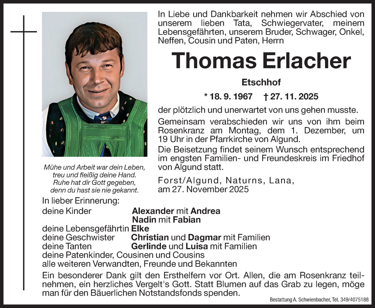  Traueranzeige für Thomas Erlacher vom 29.11.2025 aus Dolomiten