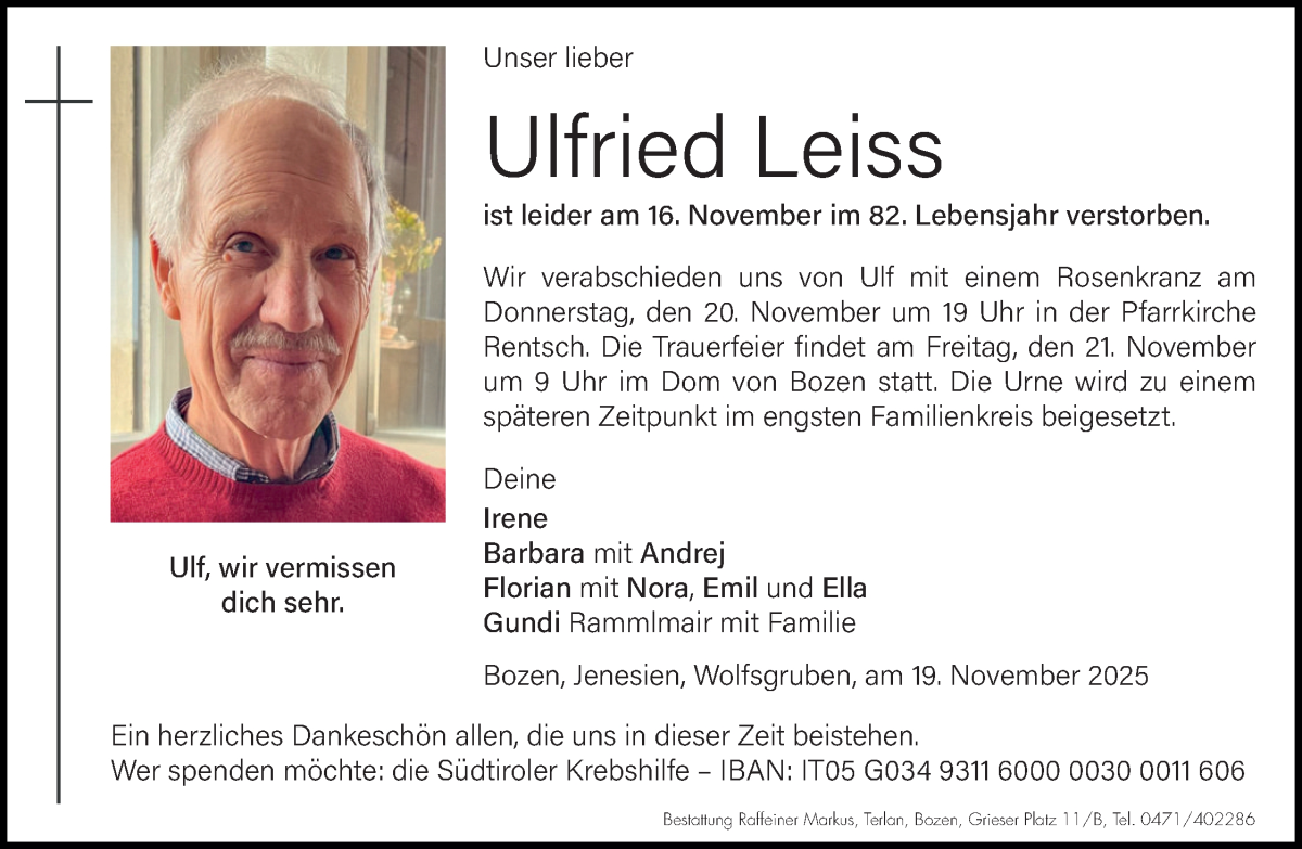  Traueranzeige für Ulfried Leiss vom 19.11.2025 aus Dolomiten