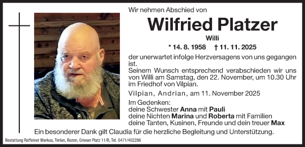 Traueranzeige von Wilfried Platzer von Dolomiten