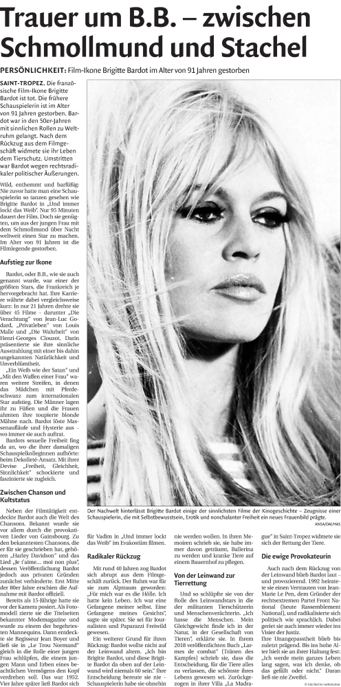 Traueranzeige von Brigitte Bardot von Dolomiten