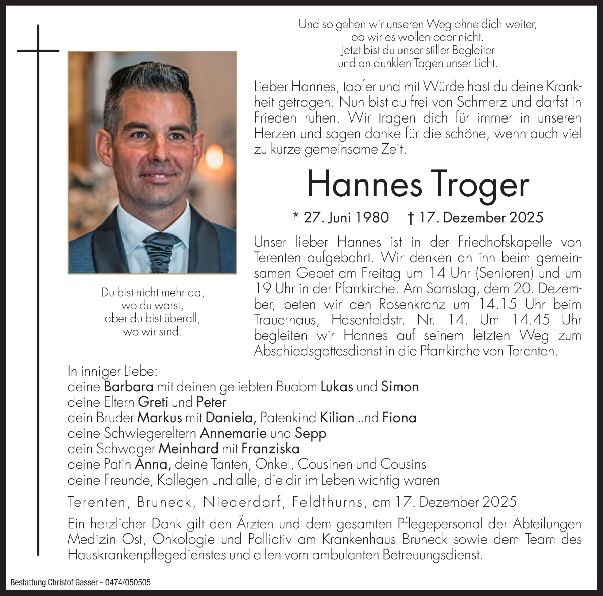  Traueranzeige für Hannes Troger vom 19.12.2025 aus Dolomiten