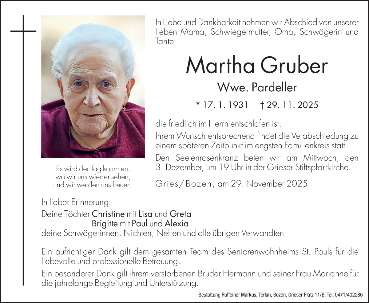  Traueranzeige für Martha Pardeller vom 02.12.2025 aus Dolomiten