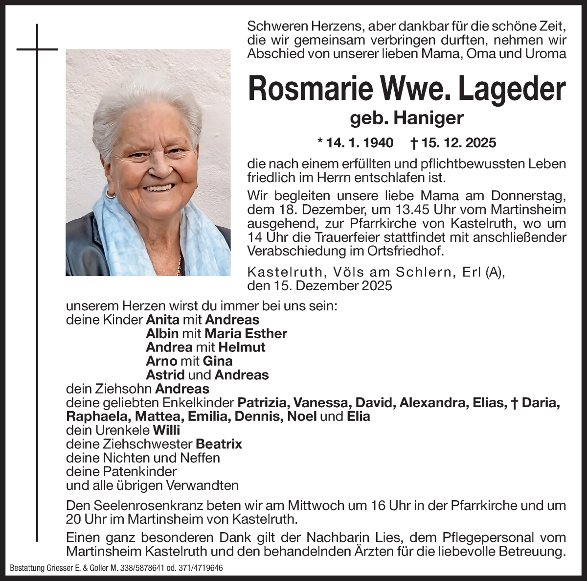  Traueranzeige für Rosmarie Lageder vom 16.12.2025 aus Dolomiten