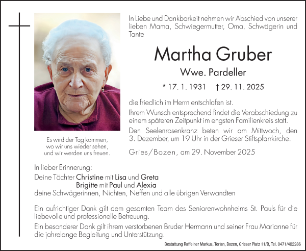 Traueranzeige von Martha Pardeller von Dolomiten