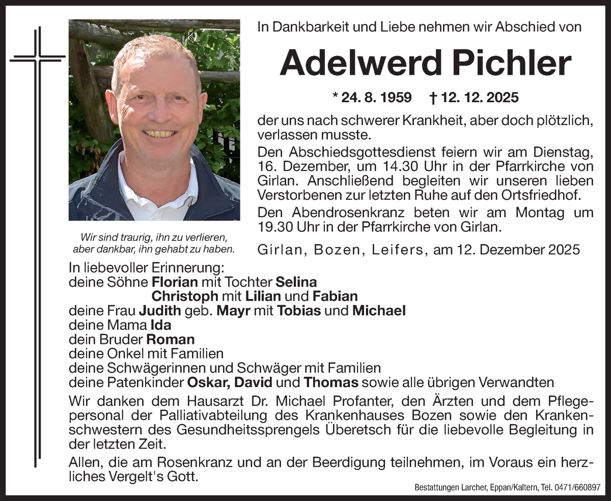  Traueranzeige für Adelwerd Pichler vom 13.12.2025 aus Dolomiten
