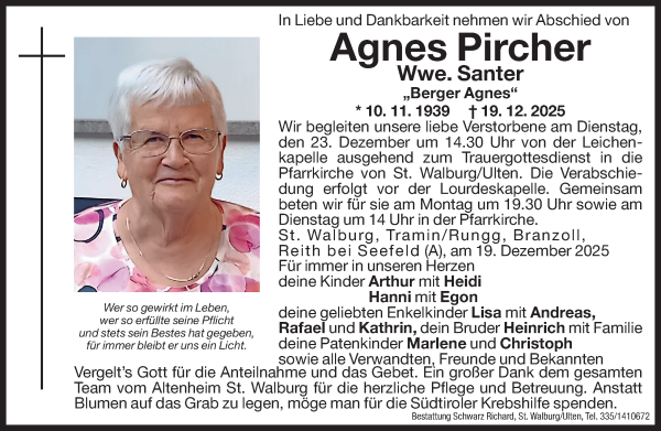 Traueranzeige von Agnes Santer von Dolomiten