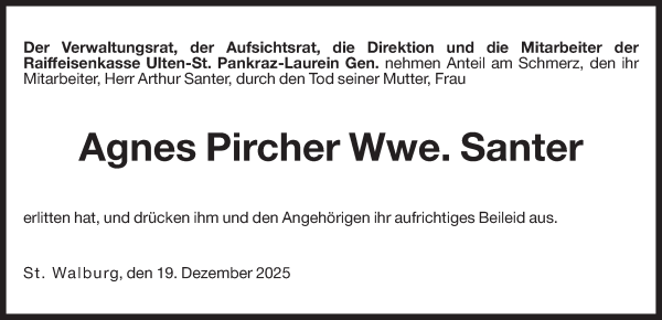 Traueranzeige von Agnes Santer von Dolomiten