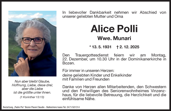Traueranzeige von Alice Munari von Dolomiten