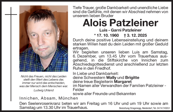 Traueranzeige von Alois Patzleiner von Dolomiten