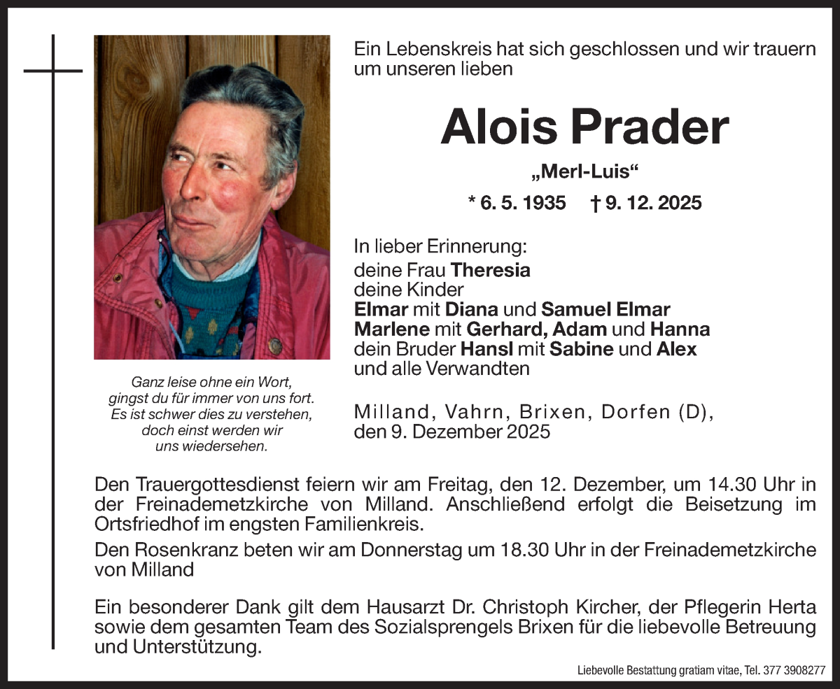  Traueranzeige für Alois Prader vom 10.12.2025 aus Dolomiten