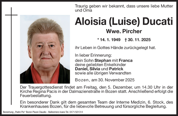 Traueranzeige von Aloisia (Luise) Pircher von Dolomiten