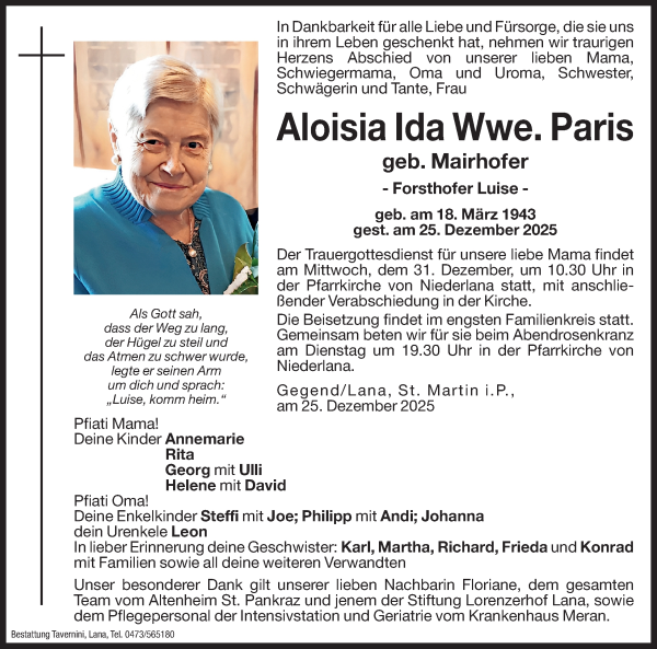 Traueranzeige von Aloisia Ida Paris von Dolomiten