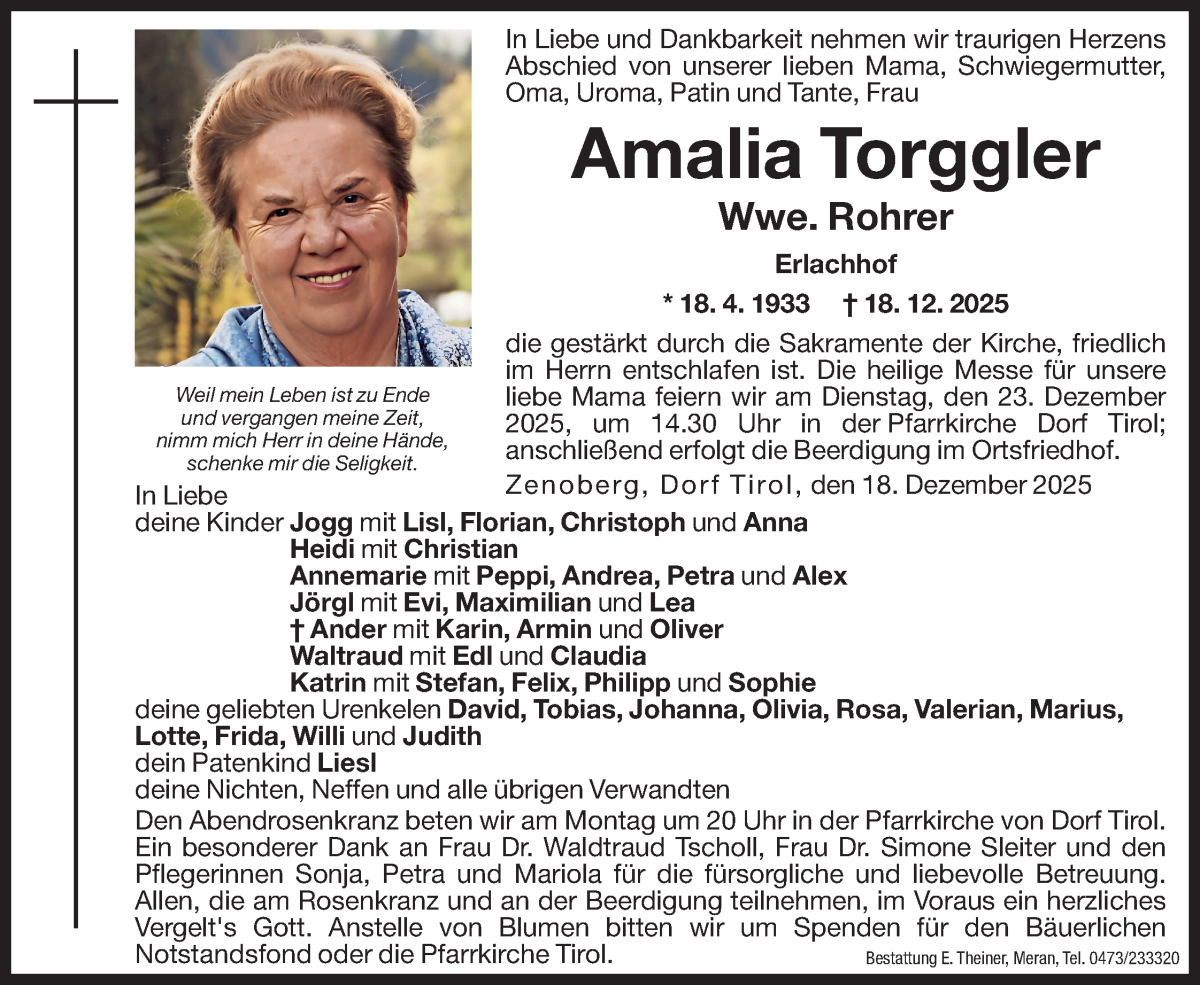  Traueranzeige für Amalia Rohrer vom 20.12.2025 aus Dolomiten