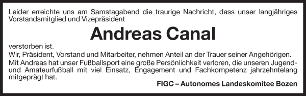 Traueranzeige von Andreas Canal von Dolomiten