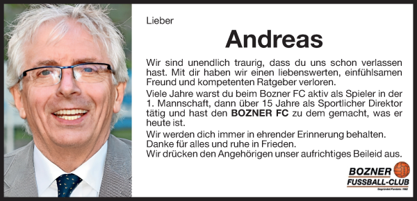 Traueranzeige von Andreas Canal von Dolomiten