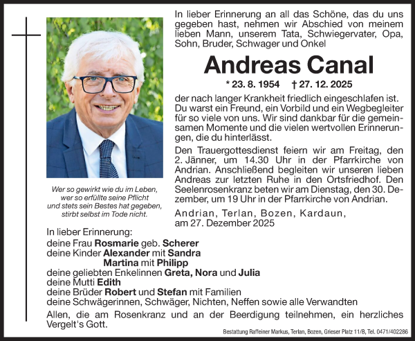 Traueranzeige von Andreas Canal von Dolomiten