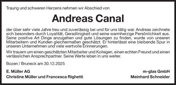 Traueranzeige von Andreas Canal von Dolomiten
