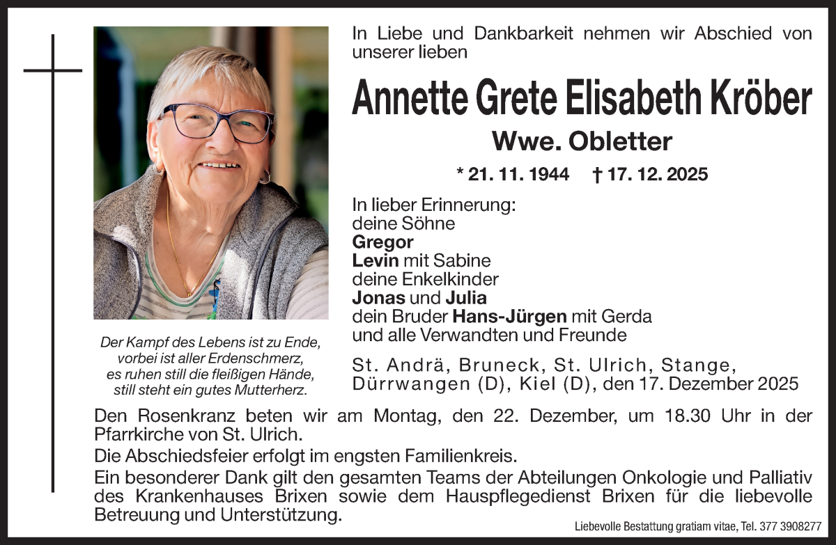  Traueranzeige für Annette Grete Elisabeth Obletter vom 19.12.2025 aus Dolomiten