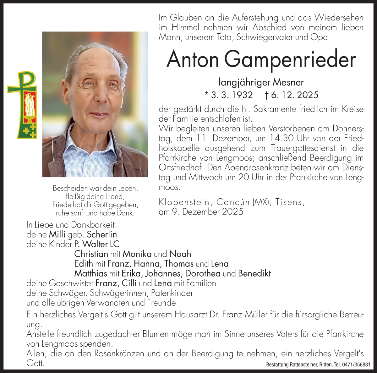  Traueranzeige für Anton Gampenrieder vom 09.12.2025 aus Dolomiten