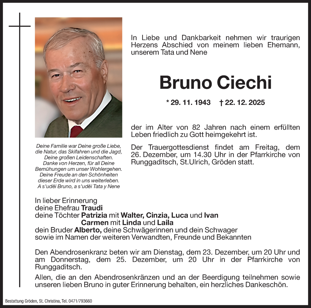  Traueranzeige für Bruno Ciechi vom 23.12.2025 aus Dolomiten