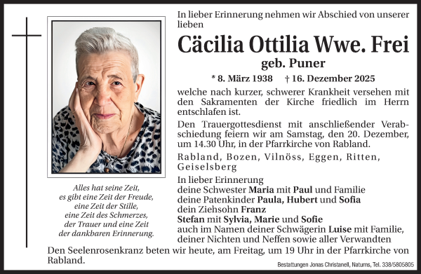 Traueranzeige von Cäcilia Ottilia Frei von Dolomiten