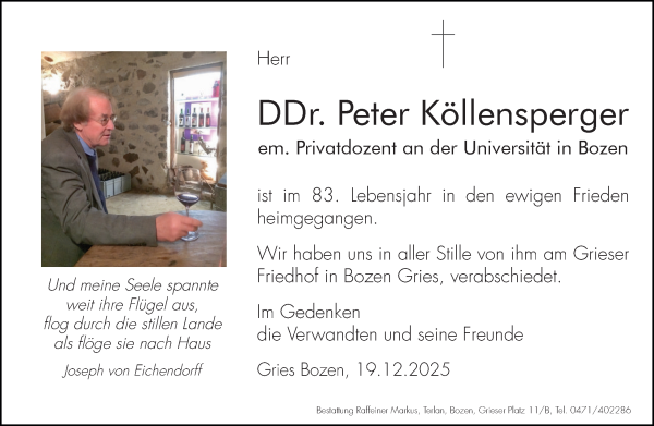 Traueranzeige von DDr. Peter Köllensperger von Dolomiten