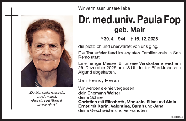 Traueranzeige von Dr. med.univ. Paula Fop von Dolomiten