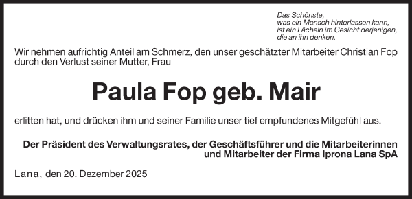 Traueranzeige von Dr. med.univ. Paula Fop von Dolomiten