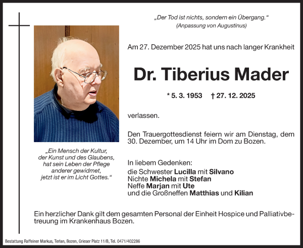 Traueranzeige von Dr. Tiberius Mader von Dolomiten
