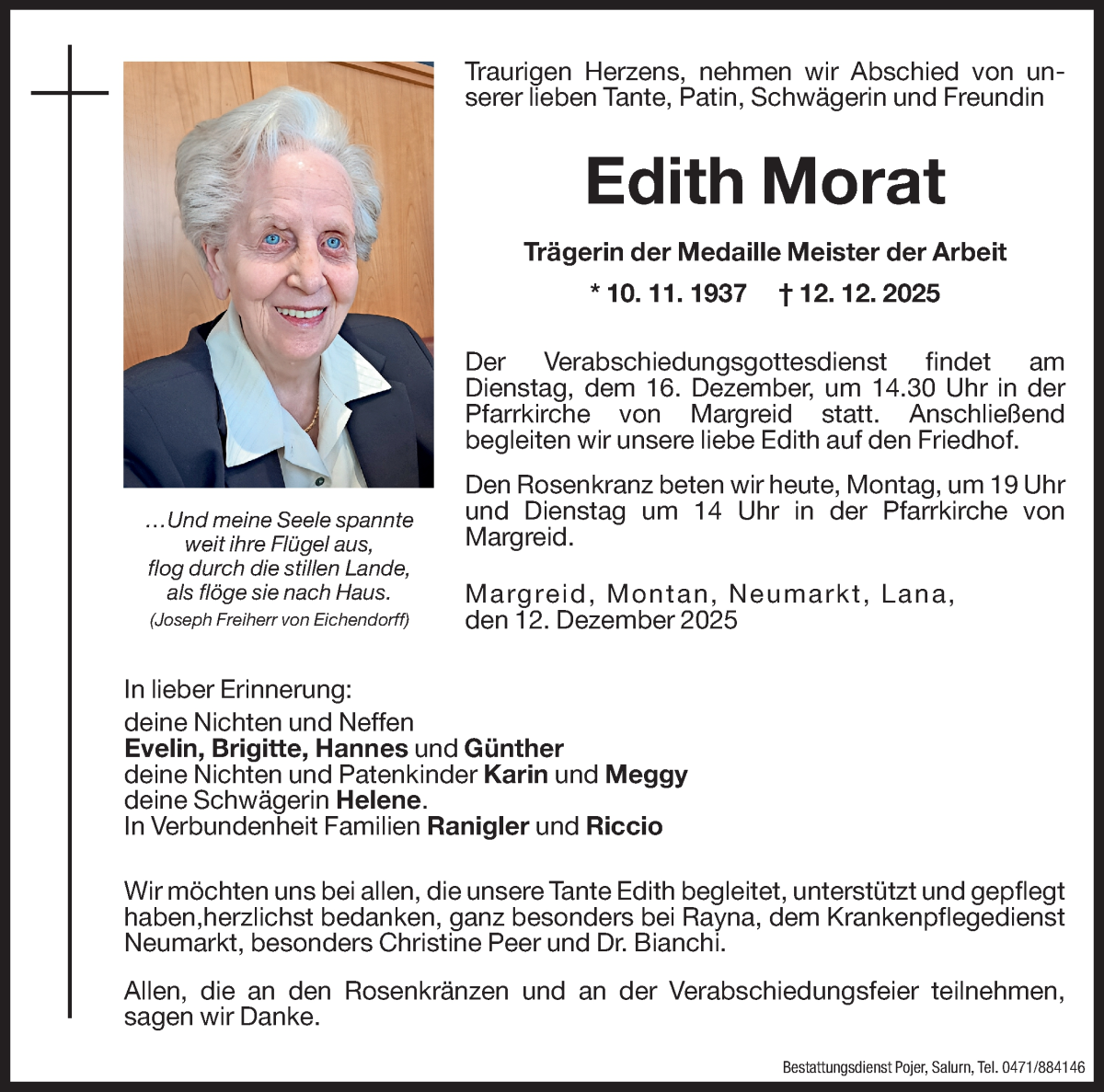  Traueranzeige für Edith Morat vom 15.12.2025 aus Dolomiten